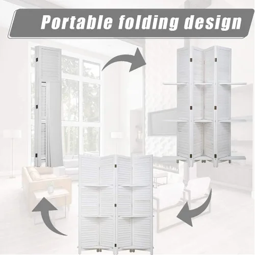 Vista 6 de [Usado] FDW Divisor de habitación de 4 paneles plegable de madera de privacidad con tres estantes inteligentes, divisor de madera portátil