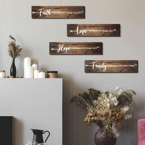 Vista 6 de Jetec 4 piezas de decoración rústica para puerta, letrero de madera con texto en inglés «Faith Love Hope», letrero colgante para el hogar, sala