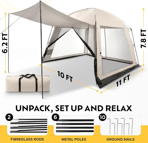 Vista 6 de Tienda de campaña de pantalla de 10 x 10 pulgadas para camping, casa de pantalla para 6-8 personas para camping, resistente al viento con 10 clavos
