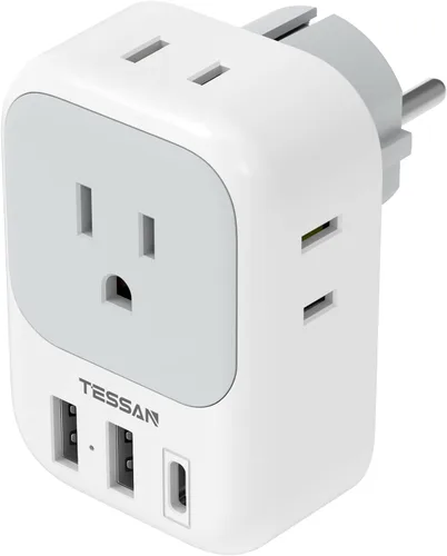 Vista 15 de TESSAN - Adaptador de corriente de viaje para Australia/Nueva Zelanda, 4 tomacorrientes de EE. UU., 3 cargadores USB (1 USB C), adaptador de enchufe
