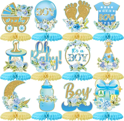 Tarklanda 12 centros de mesa de nido de abeja para baby shower, decoración de fiesta para niños, diseño floral azul dorado con texto en inglés "It's