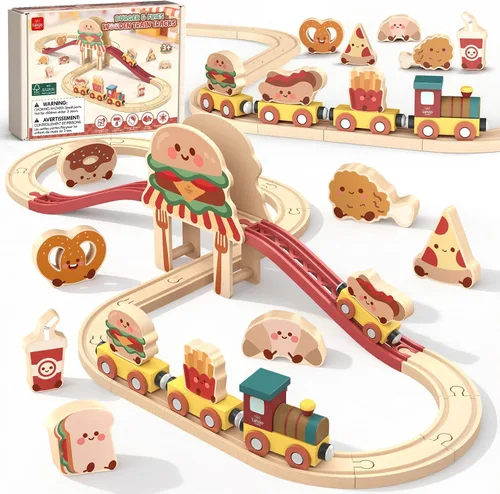 Lehoo Castle Juego de tren de madera para niños pequeños, juego de pista de Amarillo