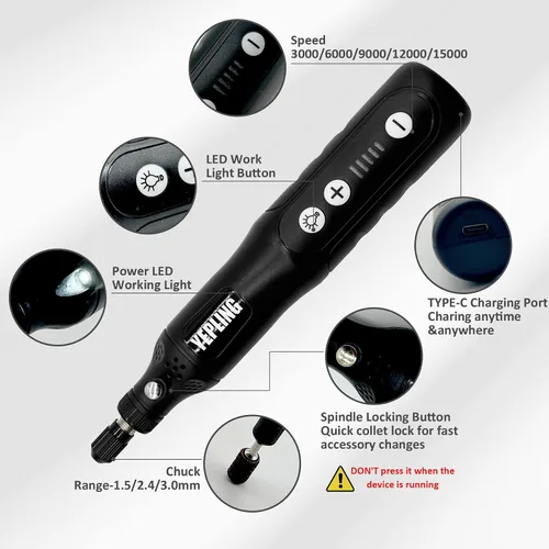 Vista 2 de Herramienta giratoria inalámbrica, kit de mini amoladora eléctrica de iones de litio de 3.7 V con luz de trabajo LED frontal, 5 velocidades Negro