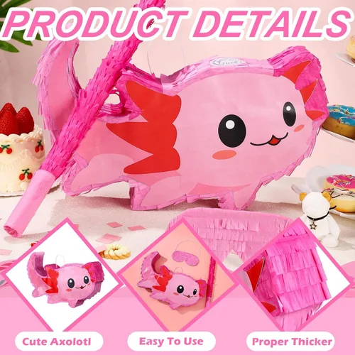 Vista 3 de Sratte Piñata de ajolote rosa con suministros para fiesta de cumpleaños, 14.96 x 9.45 x 2.95 pulgadas
