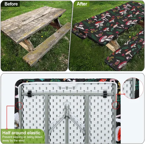 Vista 6 de Mantel de mesa de picnic con fundas de banco de 6 pies, 3 piezas, impermeable, resistente al viento, mantel de camping estético con bolsa