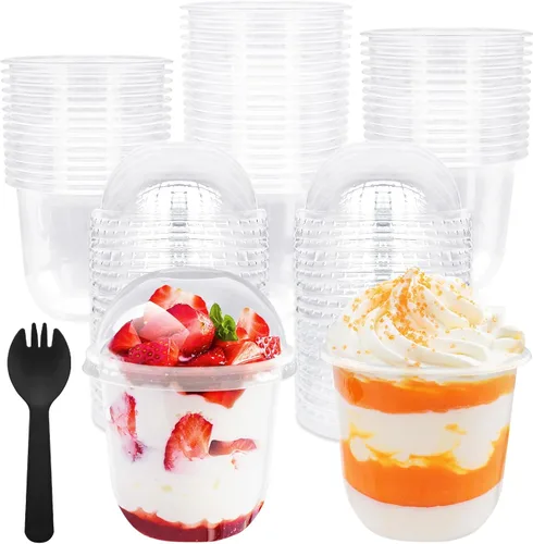 Vista 8 de Panxxsen Paquete de 50 vasos de plástico transparente con tapas de cúpula, tazas de parfait de 8 onzas sin agujeros, taza de postre desechable