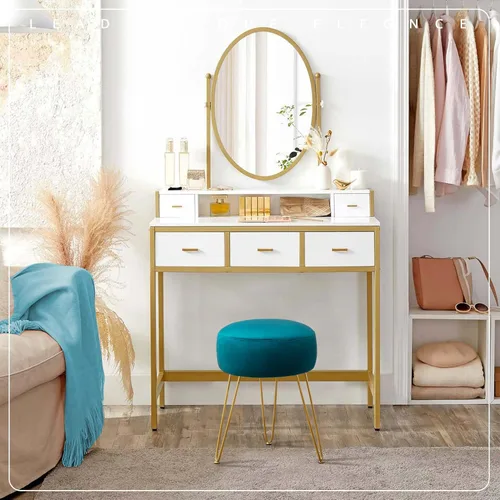 Vista 22 de LUE BONA Taburete de tocador, taburetes de tocador blancos para sala de maquillaje, taburete otomano redondo, reposapiés de terciopelo para tocador