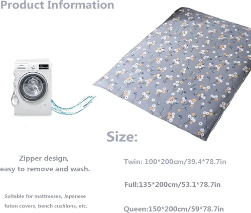 Vista 2 de Funda de colchón de futón con cremallera matrimonial, fundas de futón 100% algodón, lavable, funda de colchón de futón japonés, suave, agradable al