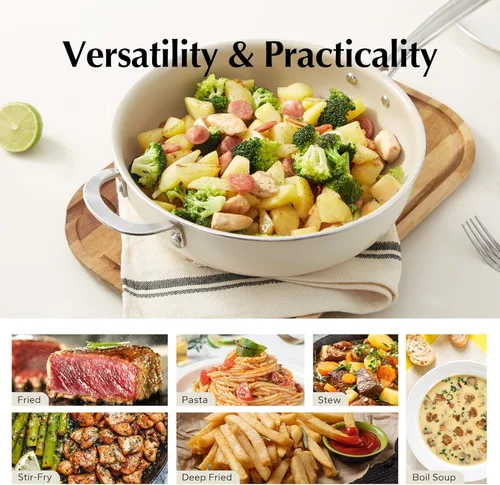 Vista 7 de Redchef Sartén Salteadora de Cerámica con Tapa, Sartén Profunda Antiadherente para Freír, Cocinera Jumbo de 5QT con Mango Auxiliar y Tapa, Sartén