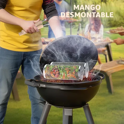 Vista 5 de Ivtivfu - Cesta de parrilla enrollable, mango de madera removible, acero inoxidable 304, herramientas de barbacoa anidadas, accesorios para ahumador