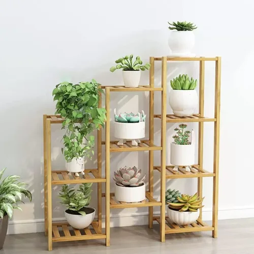 Vista 10 de Soporte para plantas de bambú para interiores y exteriores, soporte de esquina para plantas de interior, múltiples estantes para plantas, estante