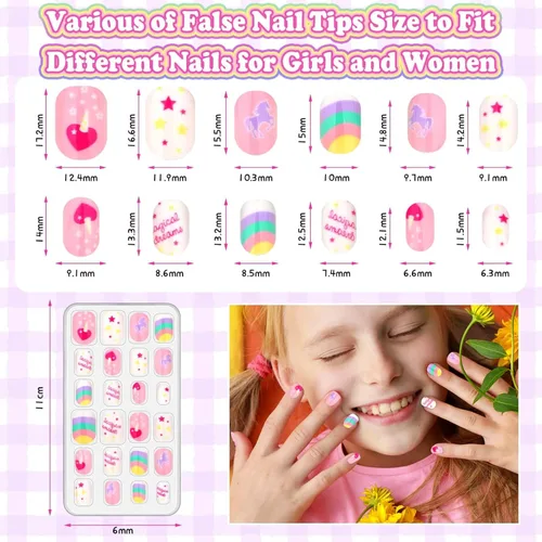 Vista 5 de 144 Piezas de Uñas Postizas a Presión para Niñas, Uñas Postizas para Niñas con Kit de Pegamento, Lindas Puntas de Uñas con Adhesivo de Uñas