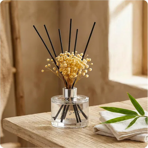 Vista 6 de Juego de difusor de varillas (6.7 onzas líquidas), fragancia de aceite esencial de bambú natural con botella de vidrio, palitos de ratán negro