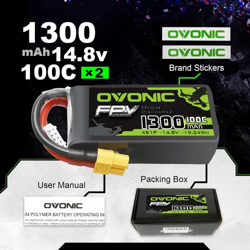 Vista 6 de OVONIC 4s Lipo Battery 100C 1300mAh 14.8V Lipo Batería con conector XT60 para RC FPV Racing Drone Quadcopter (2 paquetes)