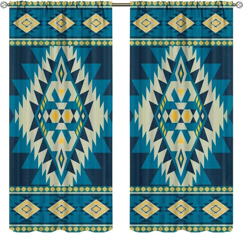Vista 182 de Cortinas con patrón geométrico tribal, estilo suroeste, azteca, rústico, occidental, nativo americano, opacas, con bolsillo para barra, decoración