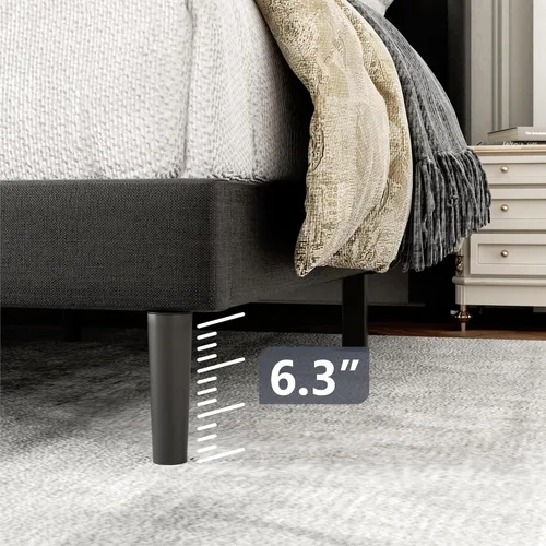 Vista 17 de Base de cama tamaño Queen con cabecera tapizada con respaldo de ala, plataforma de fácil montaje, soporte de listones de madera, no necesita somier