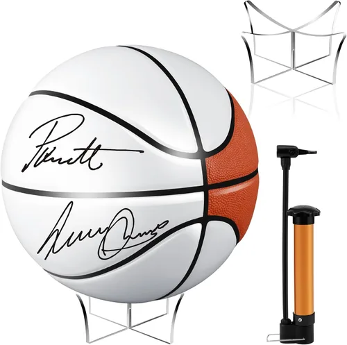 Hiboom Balón de baloncesto con soporte de bola acrílica, panel en blanco para firma, bola oficial para escuela, universidad, entrenador, graduación,