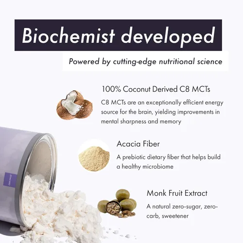 Vista 5 de Synchro - Ketobasis MCT Oil Powder, Bebida energética cerebral y corporal derivada de coco, suplemento cerebral con ácido caprílico, alternativa a