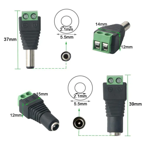 Vista 4 de (20 AWG 43 x 2 hebras de cobre) 10 pares de cables de alimentación de CC de 12 V 5 A macho y hembra + 10 pares de conectores adaptadores de enchufe