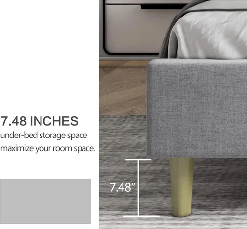 Vista 19 de Zoophyter Base de cama tapizada de plataforma tamaño King con cabecero, listones de madera fuertes, no necesita somier, fácil montaje, lino blanco