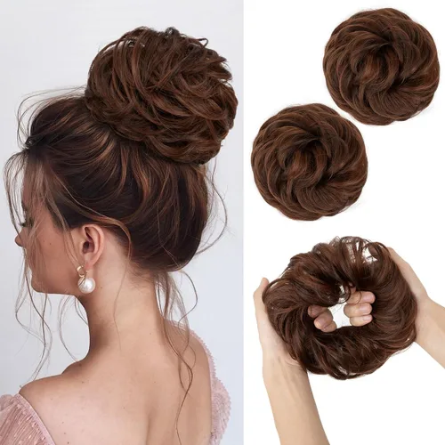 Vista 26 de SarLa - 1 pieza de cabello sintético en forma de moño estilo rizado, recogido y desordenado, y con banda elástica para mujeres