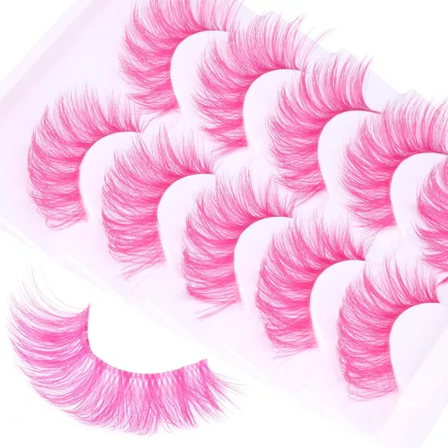 Vista 5 de Pestañas de color rosa de ojo de gato, pestañas postizas de Halloween con banda transparente de color de volumen completo, pestañas de imitación