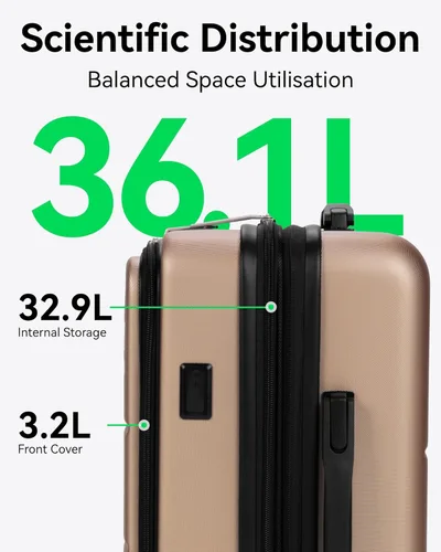 Vista 5 de LUGGEX Maleta de mano con bolsillo frontal, maleta rígida de policarbonato expandible con puerto USB, Champán, Equipaje de mano