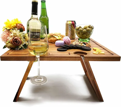 SASIDO Mesa portátil de picnic de vino, madera de acacia, bandeja más grande plegable, tablero de charcutería, regalo de vino, decoración para