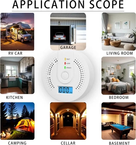 Vista 8 de Detector digital de monóxido de carbono con pantalla LCD y advertencia de sonido, indicadores de falla/alarma/funcionamiento, funciona con pilas AA
