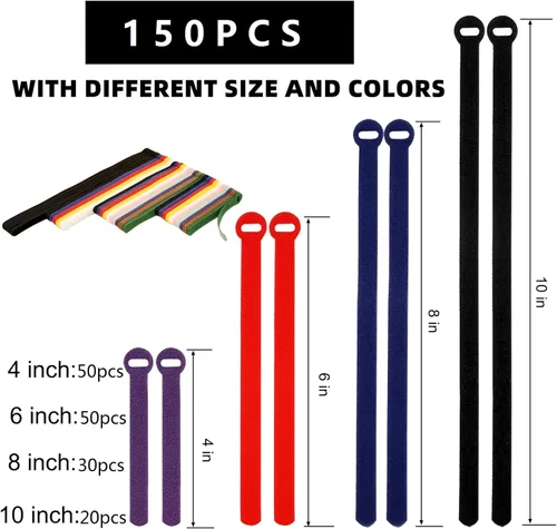 Vista 7 de 150 unidades de bridas para cables, 4+6+8+10 pulgadas, reutilizables para gestión de cables, multiusos, ajustables, organizador de cables, sujeción