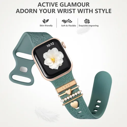 Vista 5 de DaQin Banda con Flor Grabada Compatible con Apple Watch, Bandas de 44mm, 42mm, 45mm, 46mm para Mujeres, Correa de Silicona Suave con Decoración