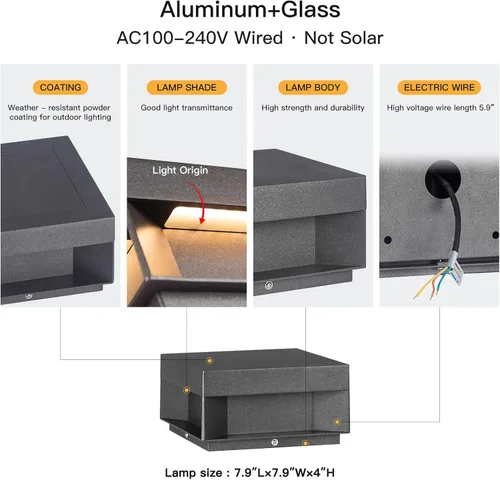 Vista 2 de MVBT Luces de poste para exteriores con cable duro, 7.9 pulgadas AC100-240 V luces de columna, luz de pilar moderna impermeable, luz de pilar