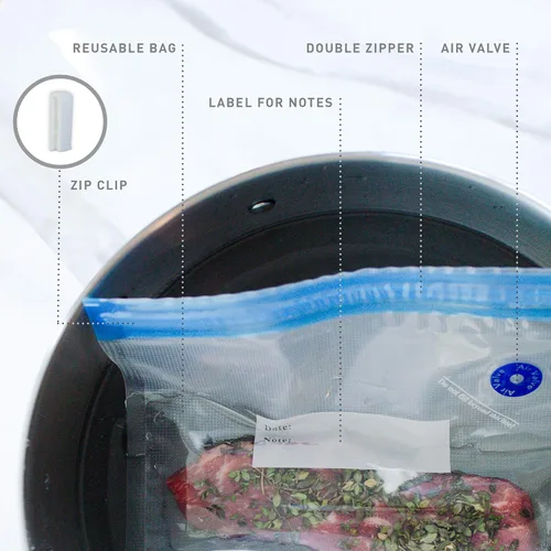 Vista 3 de Sous Vide - Bolsas para cocina de Joule y Anova, kit de 20 piezas con bolsas selladoras al vacío, bomba de mano, clips, 3 tamaños de bolsa