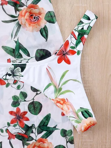 Vista 5 de WDIRARA Traje de baño de 3 piezas con estampado floral y lazo frontal para mujer con falda de playa dividida