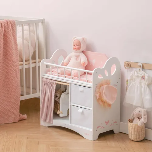 Vista 9 de Cuna de Muñeca de Bebé ROBUD, Cama de Muñeca de Madera con Almacenamiento y Ropa de Cama, Cuna de Juguete para Niños, Camas de Muñeca Rosas
