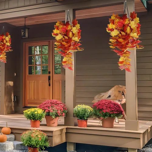 Vista 6 de Plantas colgantes de hojas de arce de otoño, hojas artificiales de otoño, vides al aire libre, decoración al aire libre, hojas de arce artificiales