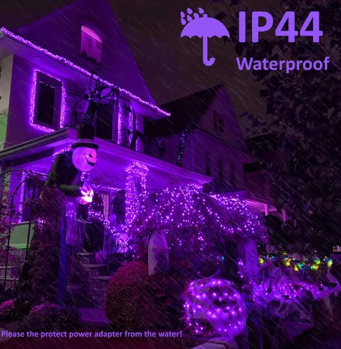 Vista 7 de BrizLabs Luces de Halloween naranjas y moradas, 78.74 pies, 240 luces LED naranjas conectables, 8 modos de luz de Halloween morada para exteriores