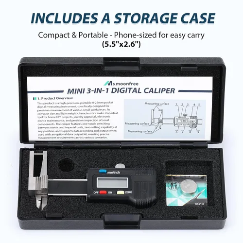 Vista 6 de Mini calibrador digital 3 en 1 calibre digital 0.000-0.984 in, herramienta de medición de precisión de acero inoxidable con pantalla LCD, conversión