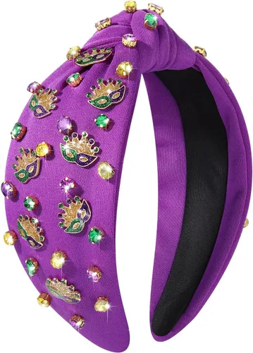 Vista 7 de Boderier Mardi Gras Fleur De Lis - Máscara de corona con cristales y diadema anudada, accesorios festivos de carnaval