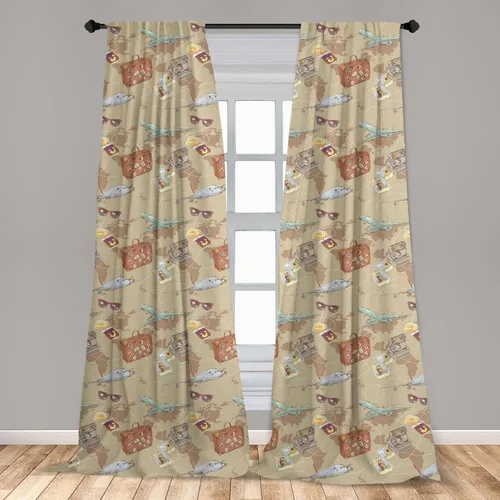Vista 3 de Ambesonne Travel Curtains, Repeating Pattern with Plane Bag Camera and World Map Vintage Retro Style Print, Window Treatments 2 Panel Set for Living