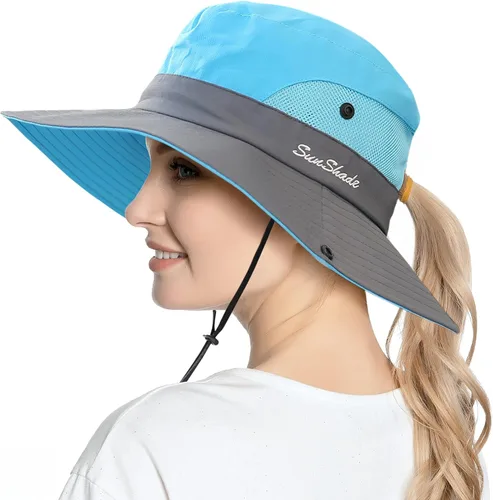 Vista 14 de Sombrero de cola de caballo para mujer, protección UV, ala ancha, plegable, para verano, playa, pesca, sombreros