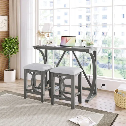 Vista 46 de Juego de mesa de comedor de 3 piezas con altura de mostrador, juego de comedor de madera maciza con 2 taburetes tapizados, mesa de comedor