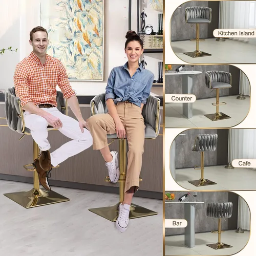 Vista 7 de Juego de 2 taburetes de bar giratorios de terciopelo, taburetes de bar ajustables y cómodos, silla de comedor moderna con respaldo tejido, taburetes