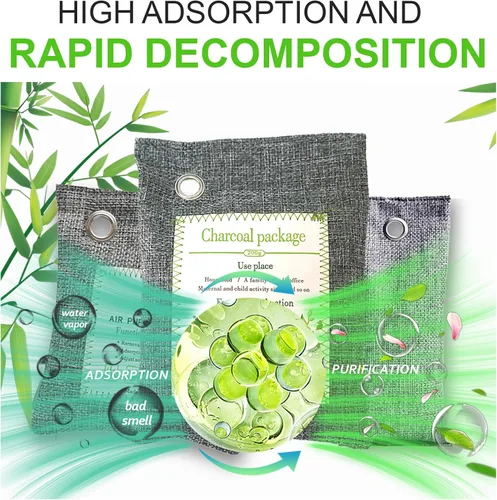 Vista 4 de Absorbedor de olores de carbón activado (4 x 7.05 oz grande + 2 x 2.65 oz pequeño), bolsa purificadora de aire de carbón de bambú, desodorizante