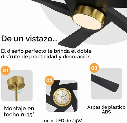 Vista 6 de WINGBO Ventilador de techo ABS DC de 54 pulgadas con luces, ventilador de techo de grano de madera ABS de 5 aspas con control remoto, motor CC