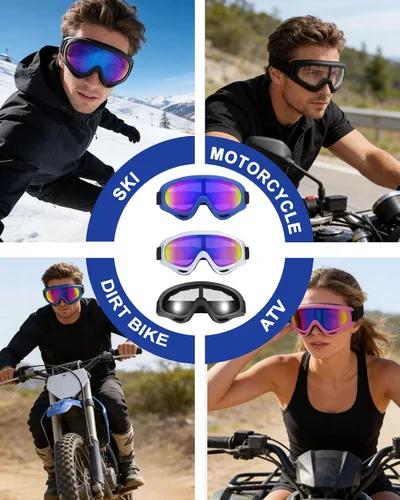 Vista 4 de 3 pares de gafas de motocicleta con protección UV, gafas de esquí con 3 piezas de cubrecuellos, para montar, a prueba de polvo y viento