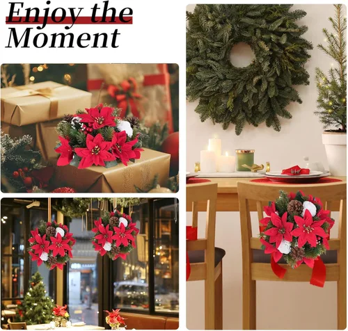 Vista 7 de BLOSMON Flores de Pascua artificiales de Navidad: 2 piezas de centros de mesa de bolas florales falsas rojas para decoraciones de mesas, flor