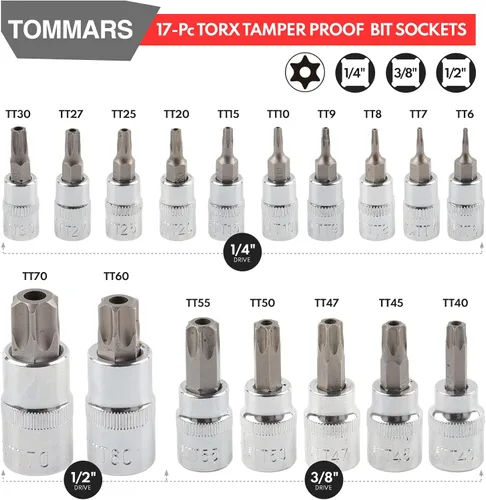 Vista 4 de TOMMARS Juego de 60 piezas de enchufes de brocas Torx Master y juego de enchufes externos de 1/4", 3/8", 1/2" de transmisión, brocas de acero S2