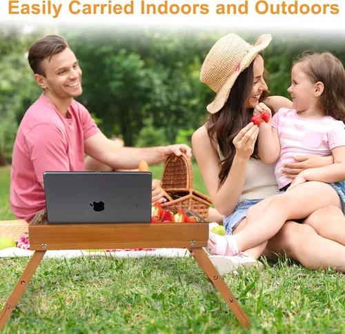 Vista 6 de Greenual Paquete de 2 bandejas de cama con asas y patas plegables, bandeja de bambú para desayuno con ranura multimedia, uso como plato, escritorio