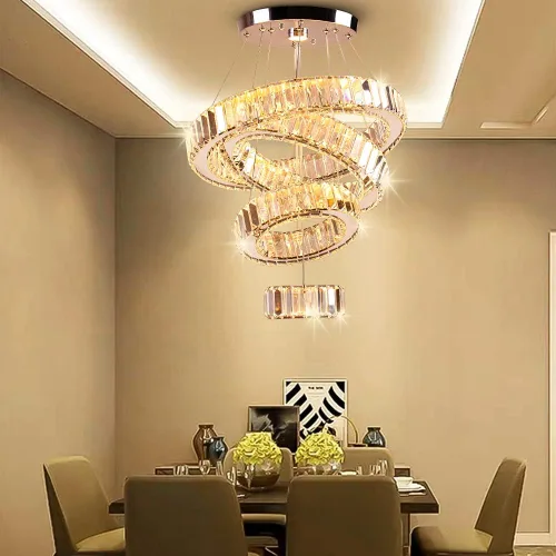 Vista 3 de Lámpara de araña moderna de cristal con 4 anillos LED, lámpara de techo colgante, lámpara de techo alta para recámara, sala de estar, comedor